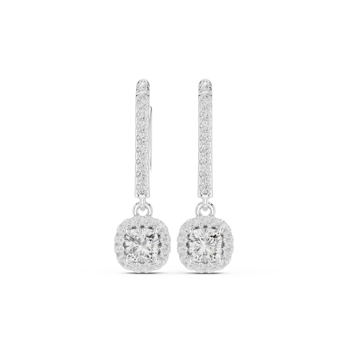 Crown Halo Cushion Cut Moissanite Drop Earrings in 925 Sterling Silver
