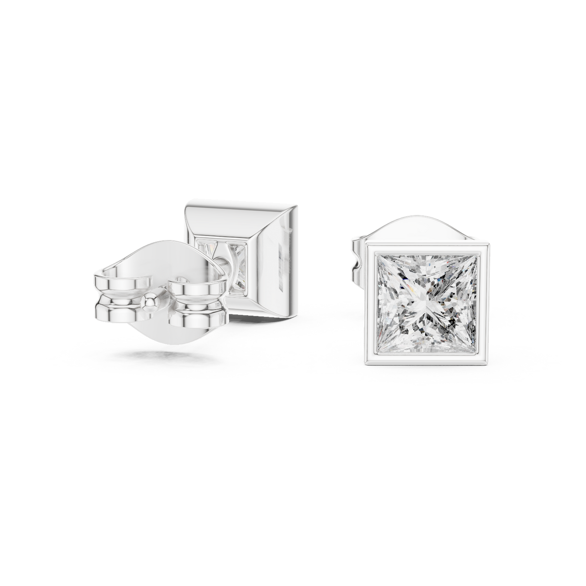 Modern Legacy Princess Cut Bezel Moissanite Stud Earrings in 925 Sterling Silver