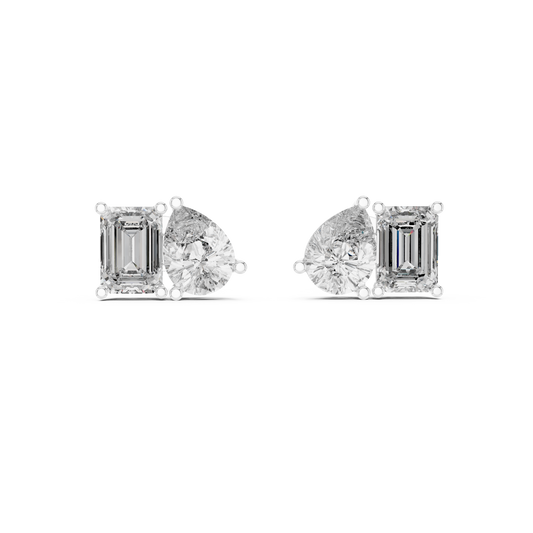 Twin Harmony Emerald & Pear Cut Moissanite Toi et Moi Stud Earrings in 925 Sterling Silver
