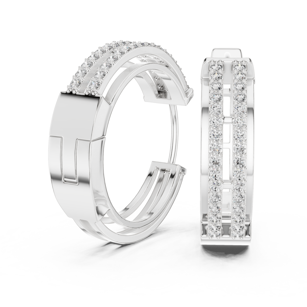 Elegant Twin Rail Pavé Diamond Hoops