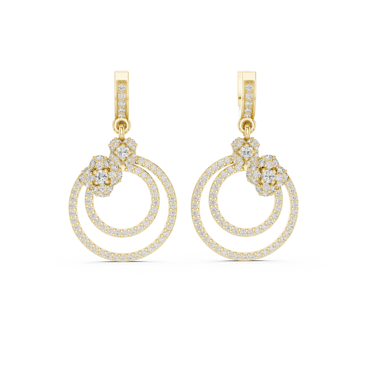 Floral Cluster Double Circle Diamond Drop Earring