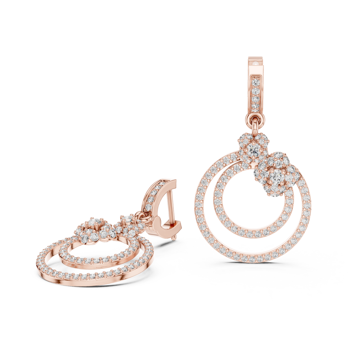 Floral Cluster Double Circle Diamond Drop Earring