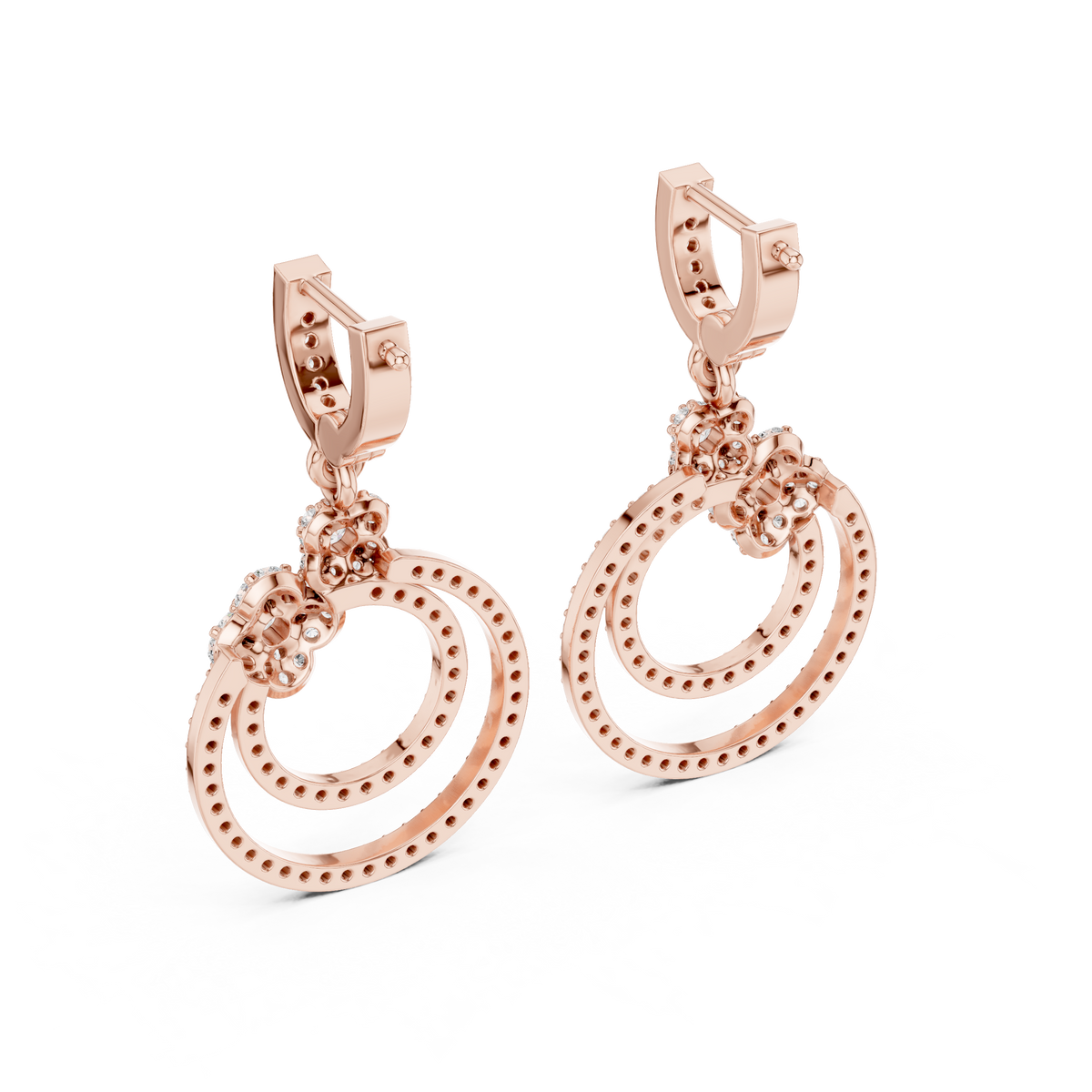 Floral Cluster Double Circle Diamond Drop Earring