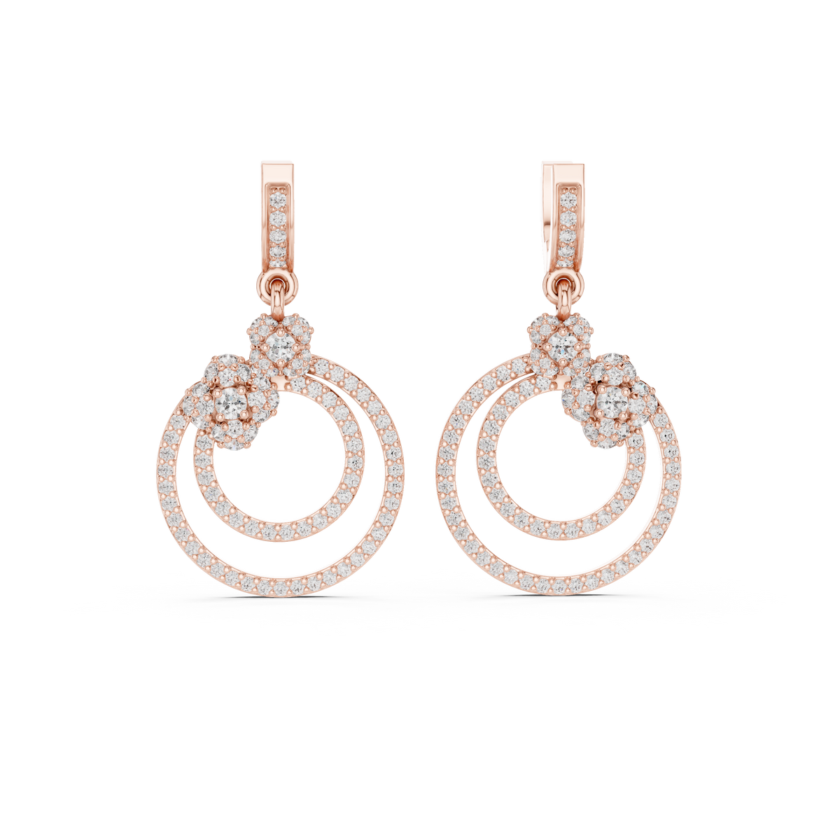 Floral Cluster Double Circle Diamond Drop Earring