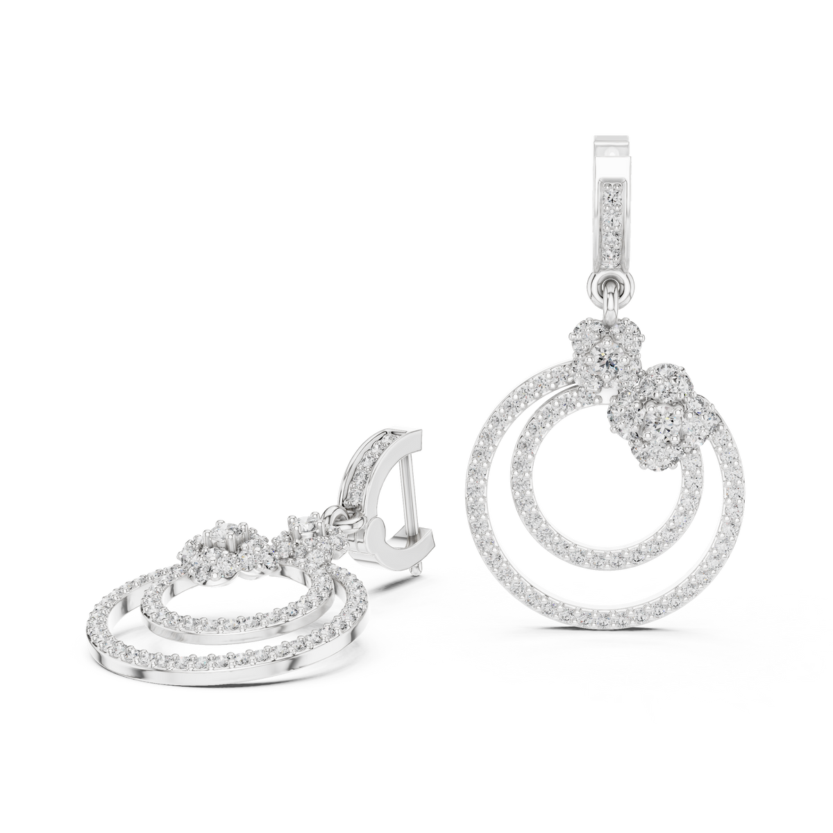 Floral Cluster Double Circle Diamond Drop Earring