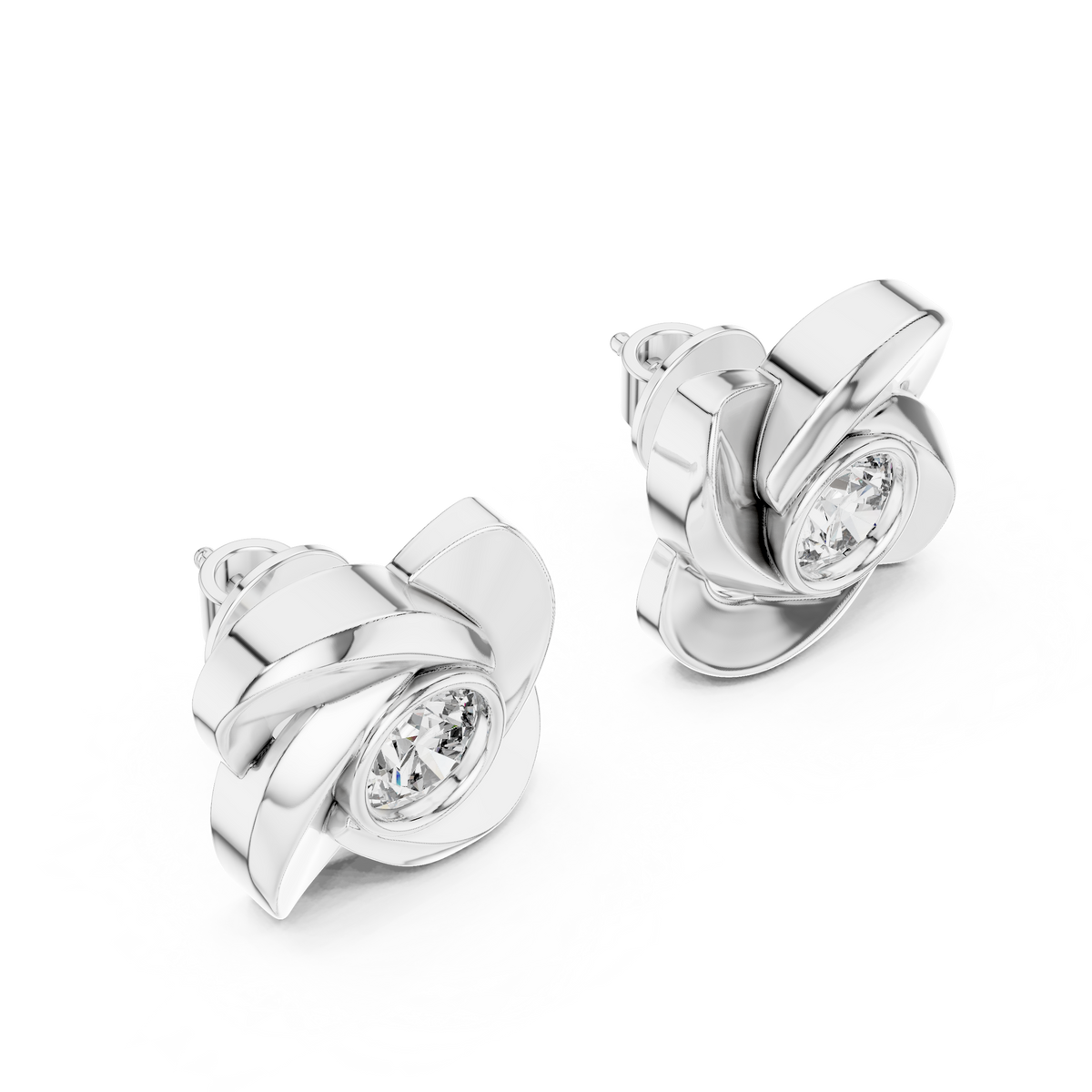 Sculpted Ribbon Solitaire Diamond Studs