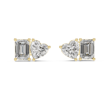 Elegant Toi et Moi Emerald Heart Diamond Studs