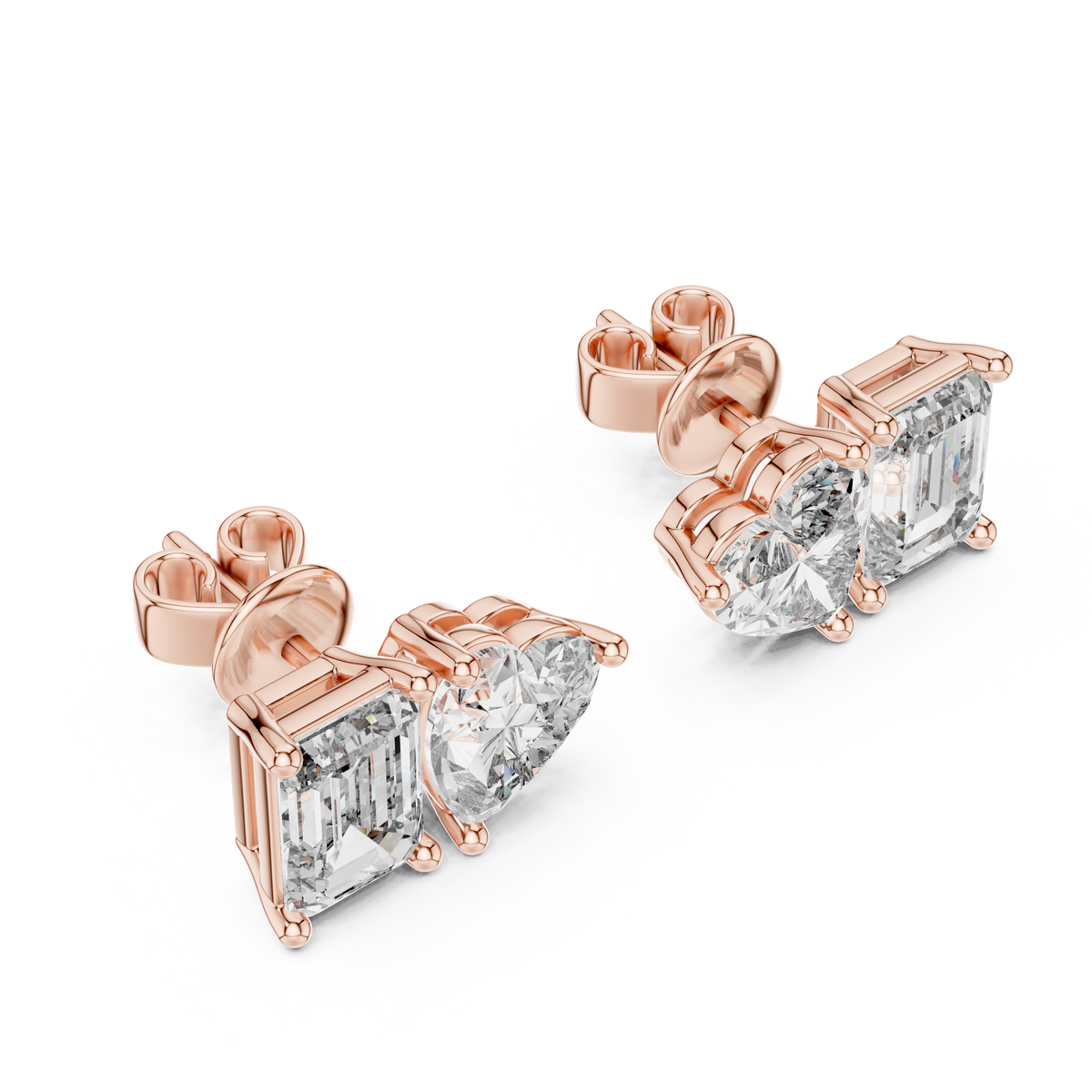 Elegant Toi et Moi Emerald Heart Diamond Studs