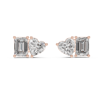 Elegant Toi et Moi Emerald Heart Diamond Studs