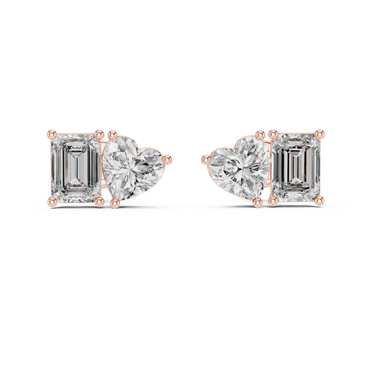 Elegant Toi et Moi Emerald Heart Diamond Studs